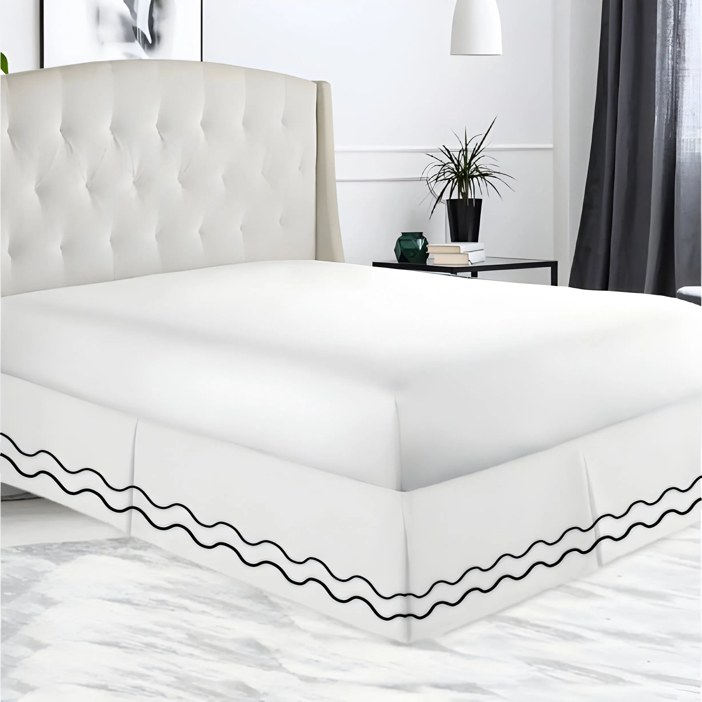 400TC Cotton Double Wavy Embroidered Tailored Bed Skirt