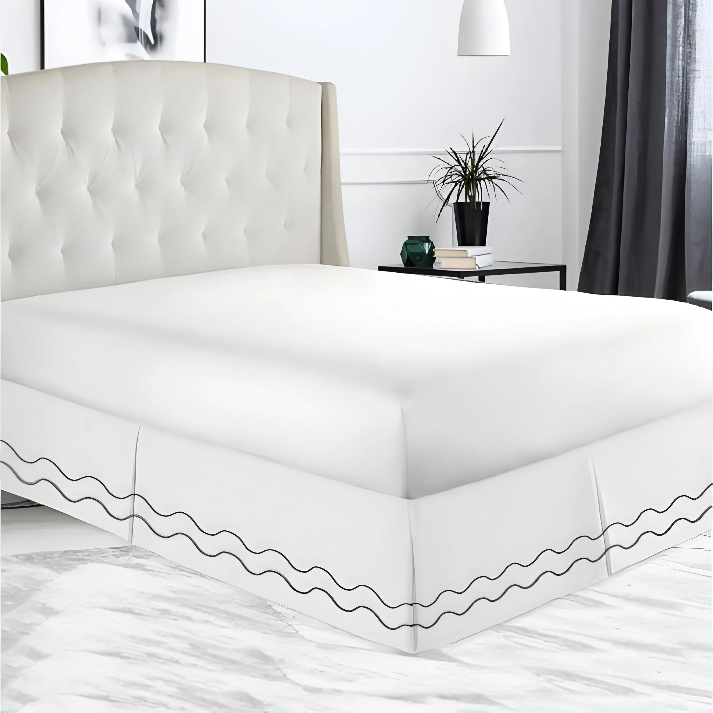 400TC Cotton Double Wavy Embroidered Tailored Bed Skirt