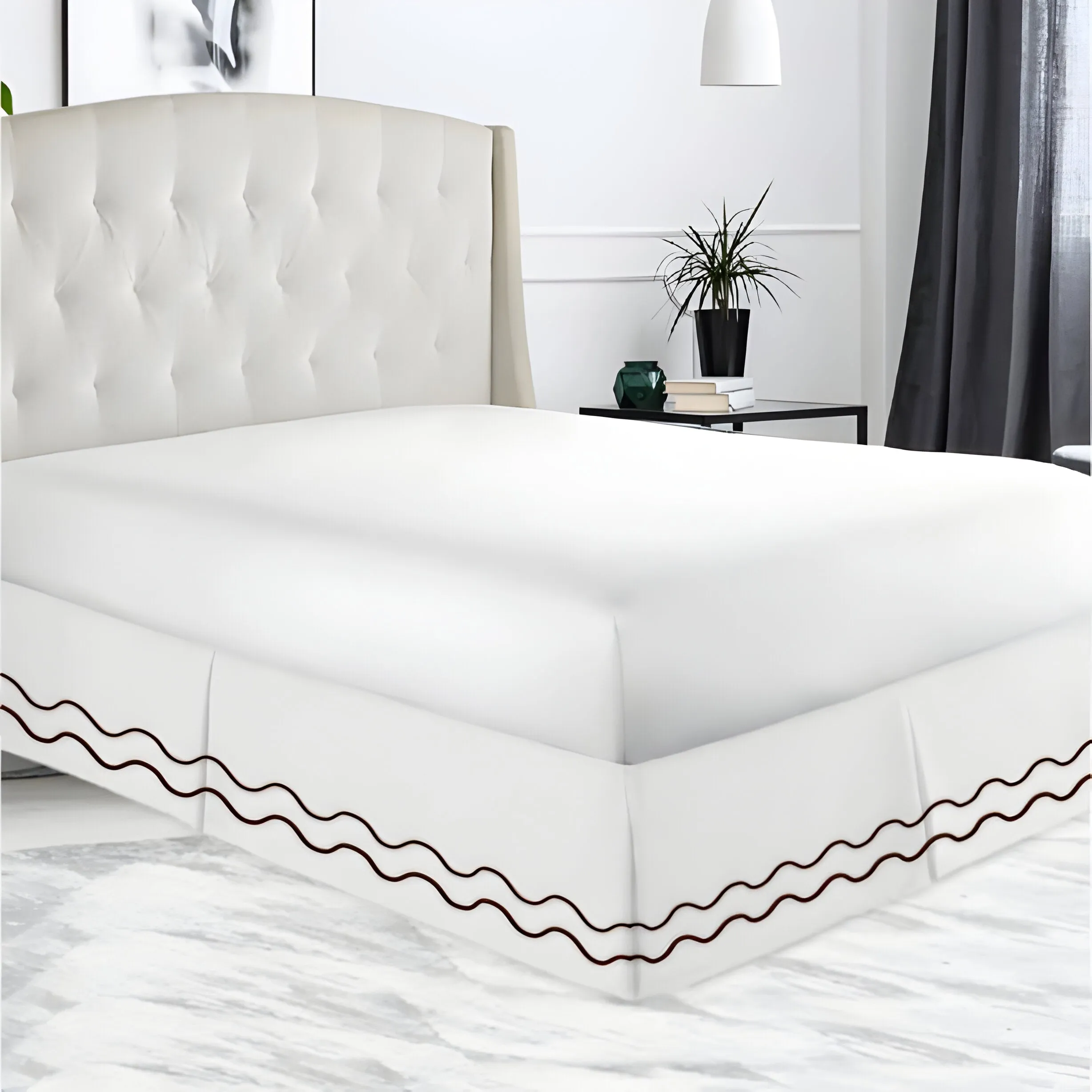 400TC Cotton Double Wavy Embroidered Tailored Bed Skirt