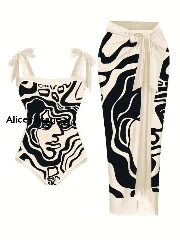 Abstract Face Art Print Halter Two Piece Swimsuits