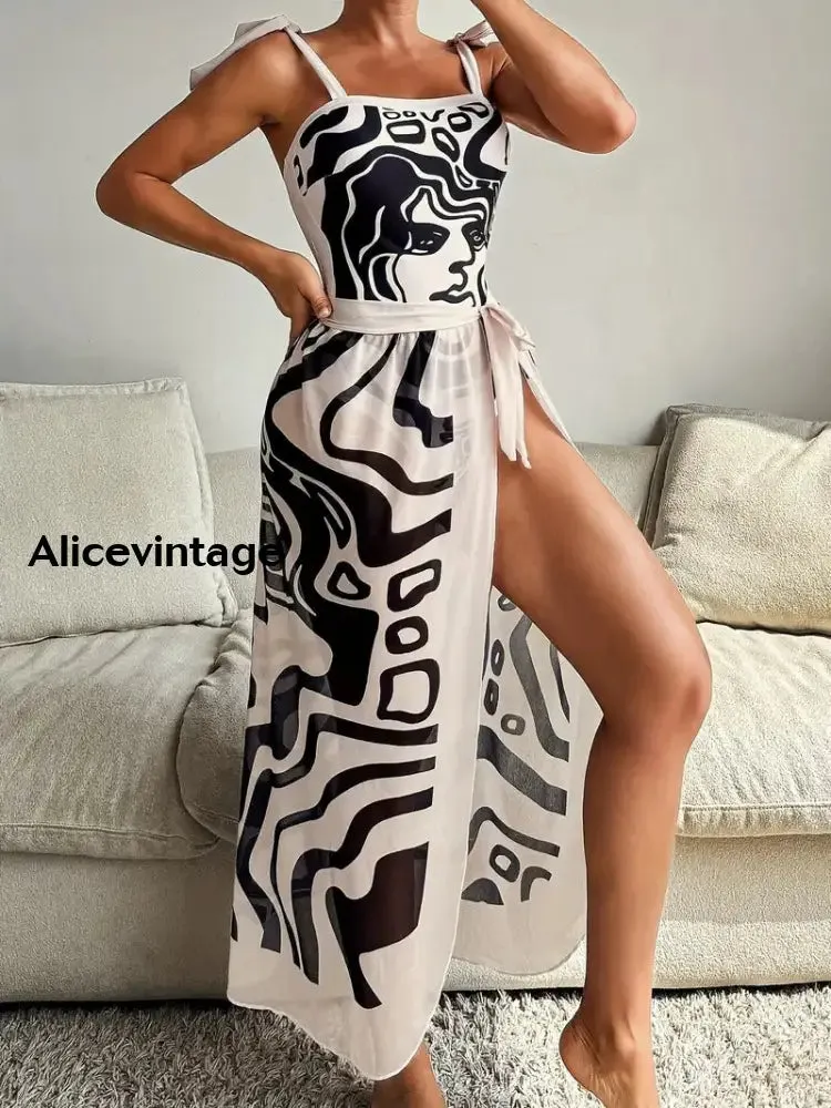 Abstract Face Art Print Halter Two Piece Swimsuits