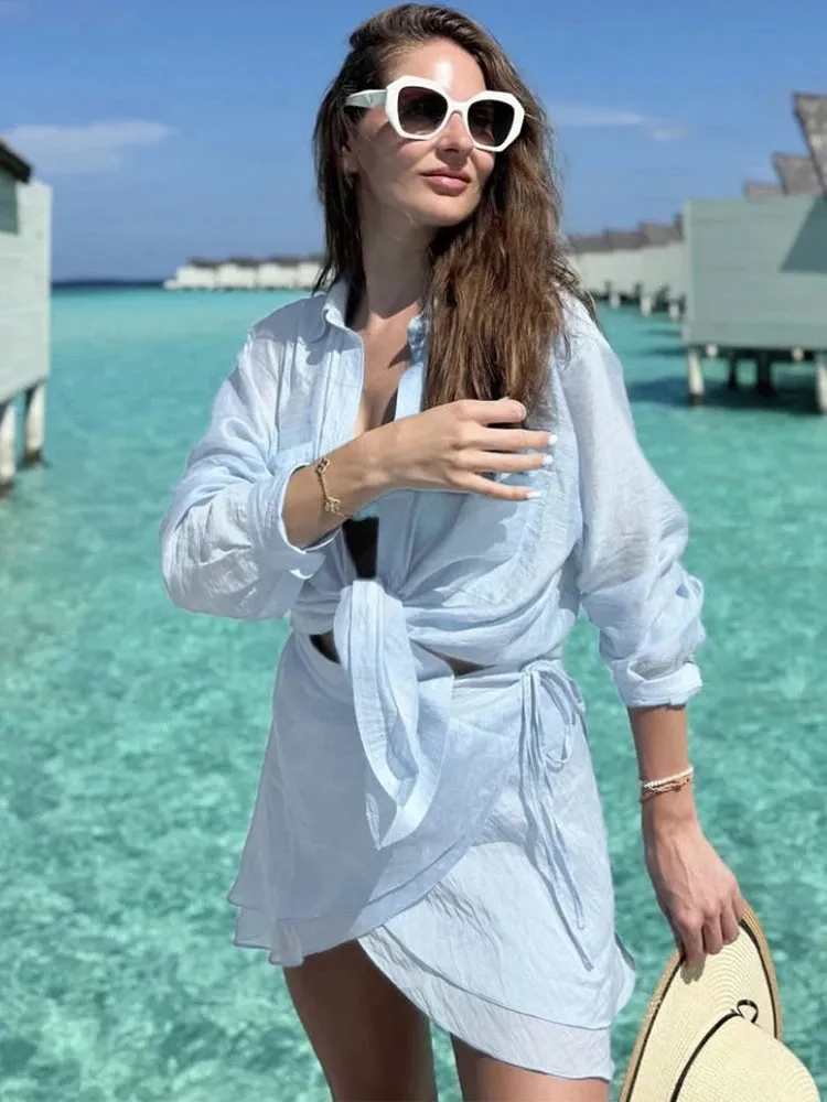 ADVBRIDGE  -  Vacation Beach Cover Up Sets Women Long Sleeve Loose Blouse And Holiday Casual Party Fashion Mini Skirts 2 Piece Suits