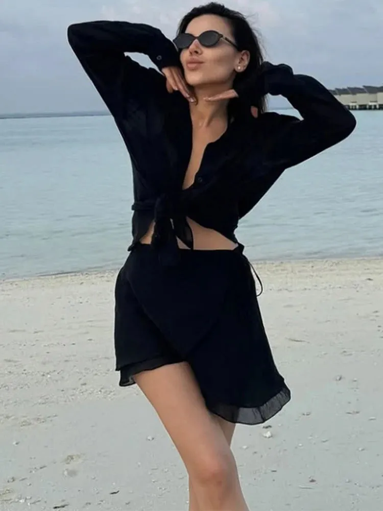 ADVBRIDGE  -  Vacation Beach Cover Up Sets Women Long Sleeve Loose Blouse And Holiday Casual Party Fashion Mini Skirts 2 Piece Suits