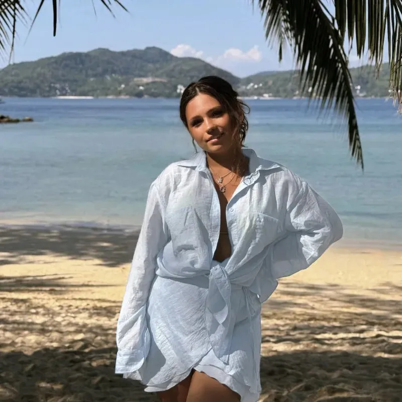 ADVBRIDGE  -  Vacation Beach Cover Up Sets Women Long Sleeve Loose Blouse And Holiday Casual Party Fashion Mini Skirts 2 Piece Suits