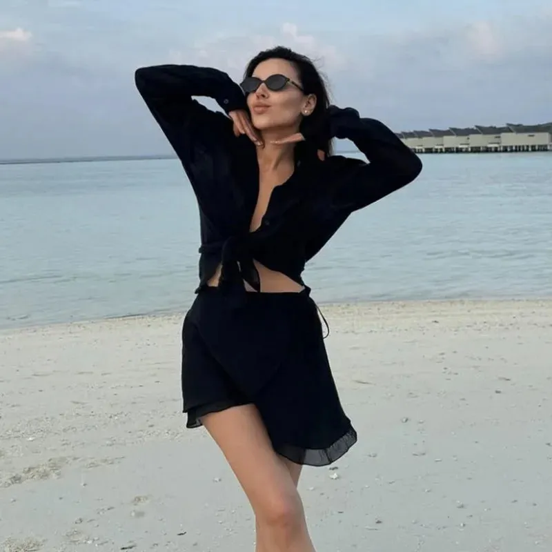 ADVBRIDGE  -  Vacation Beach Cover Up Sets Women Long Sleeve Loose Blouse And Holiday Casual Party Fashion Mini Skirts 2 Piece Suits