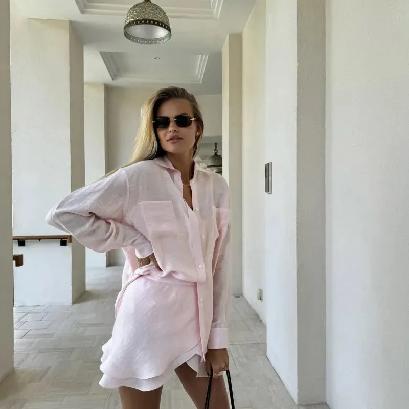 ADVBRIDGE  -  Vacation Beach Cover Up Sets Women Long Sleeve Loose Blouse And Holiday Casual Party Fashion Mini Skirts 2 Piece Suits