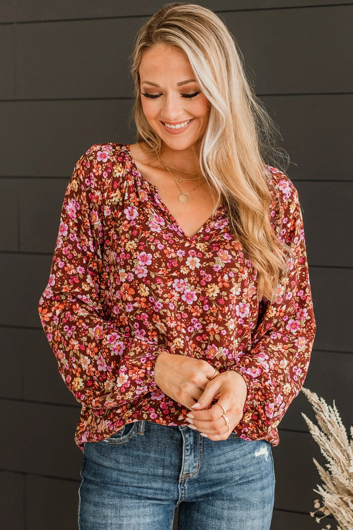 Always A Silver Lining Floral Blouse- Chocolate & Pink