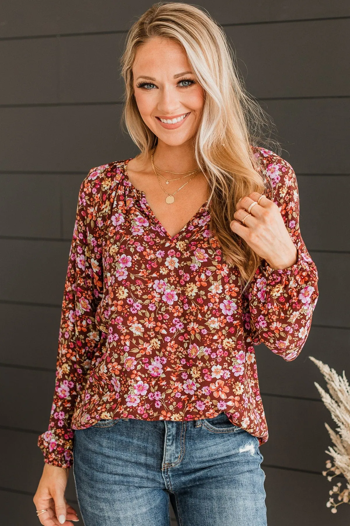 Always A Silver Lining Floral Blouse- Chocolate & Pink