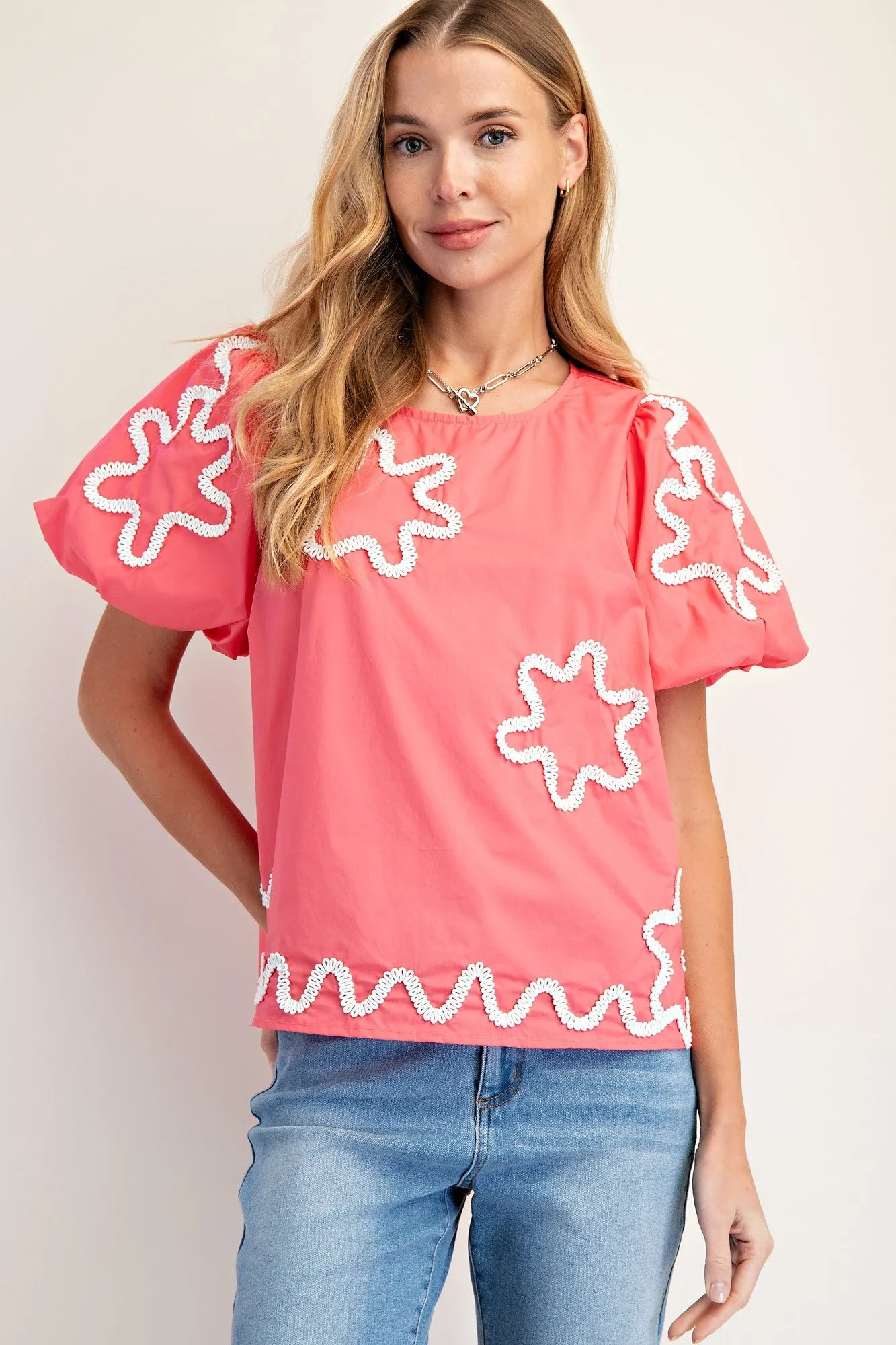 Aniston Flower Patch Cotton Poplin Top - Pink