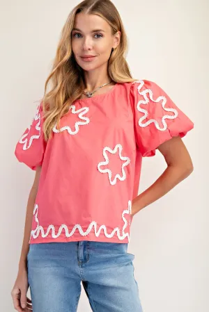 Aniston Flower Patch Cotton Poplin Top - Pink