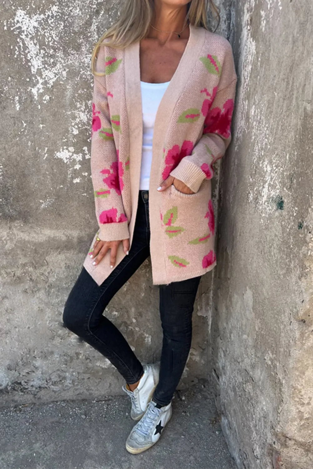 Apricot Powder Floral Pocket Open Front Cardigan