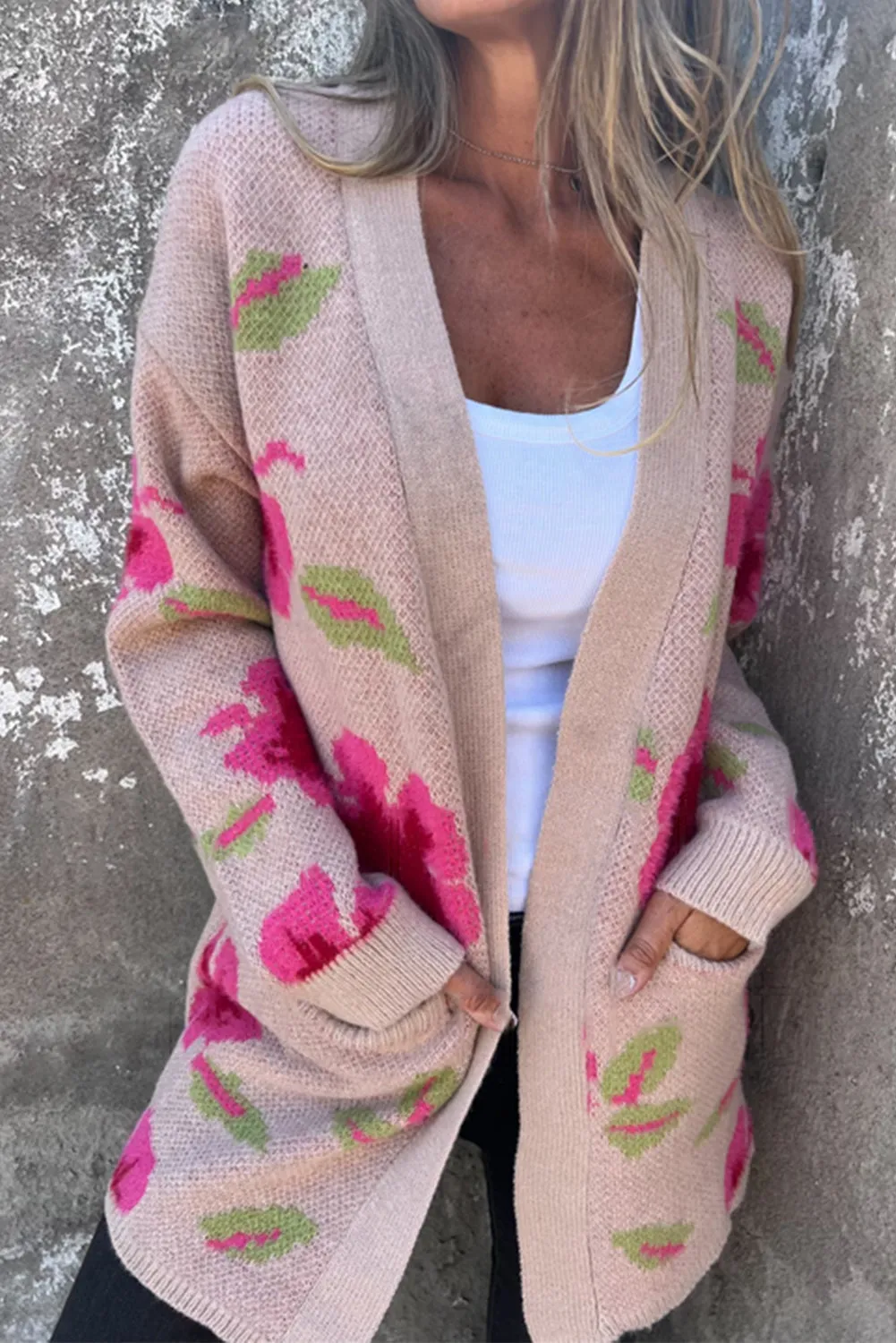 Apricot Powder Floral Pocket Open Front Cardigan