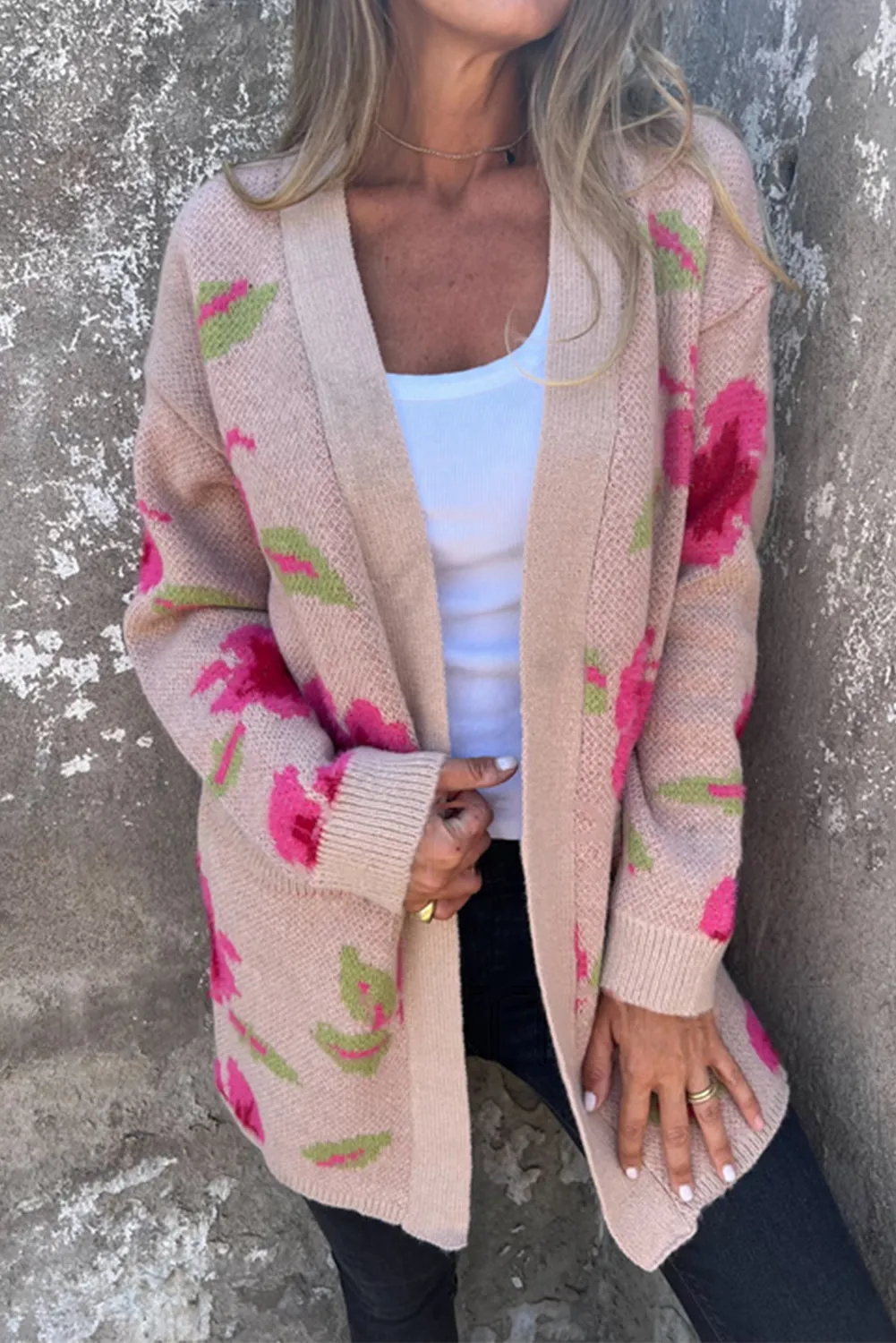 Apricot Powder Floral Pocket Open Front Cardigan