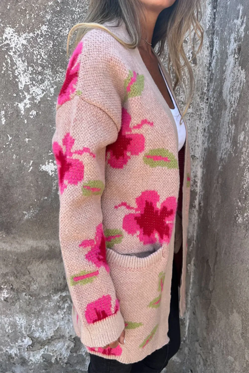 Apricot Powder Floral Pocket Open Front Cardigan