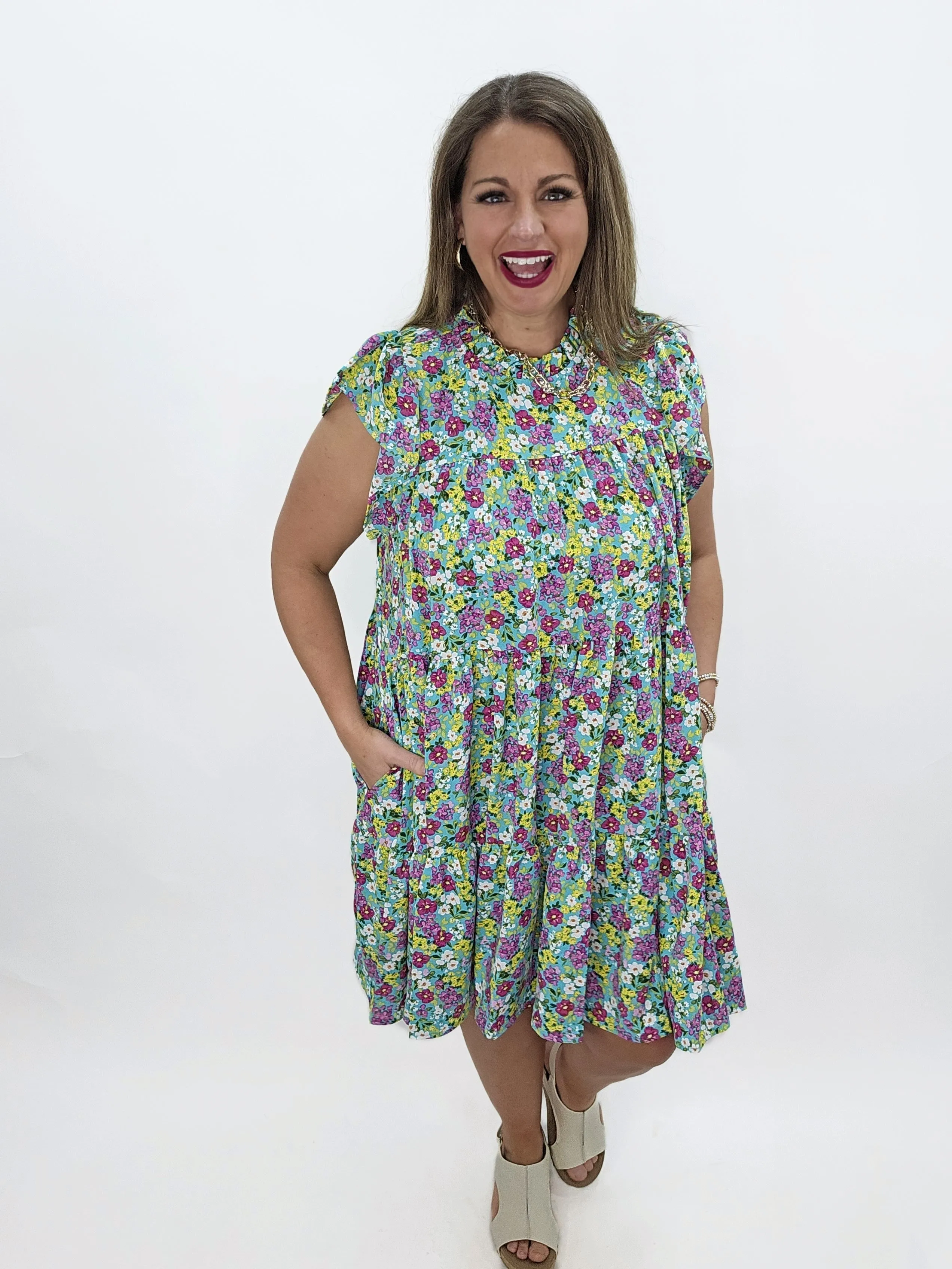 AQUA DITZY FLORAL TIERED DRESS