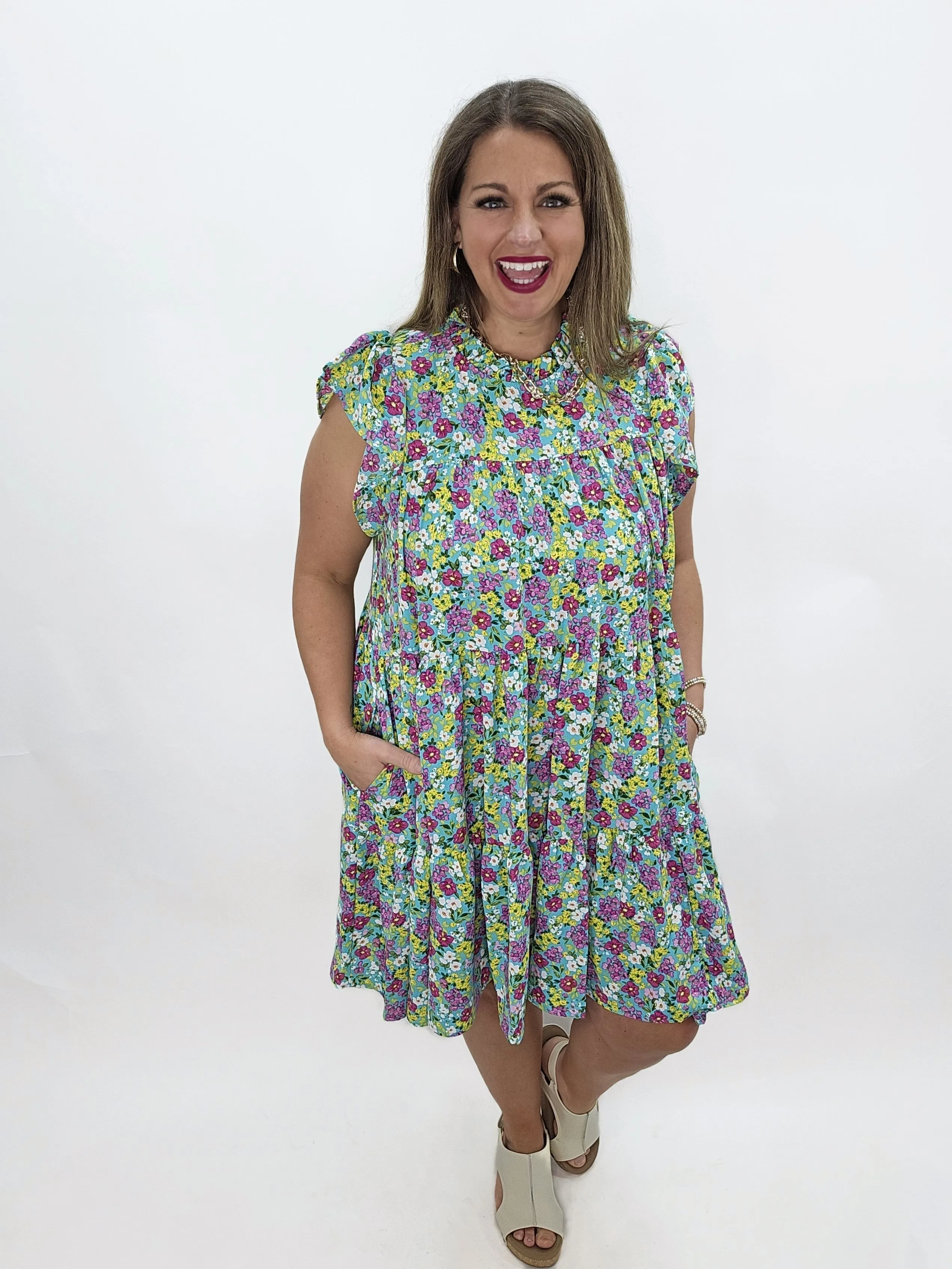 AQUA DITZY FLORAL TIERED DRESS