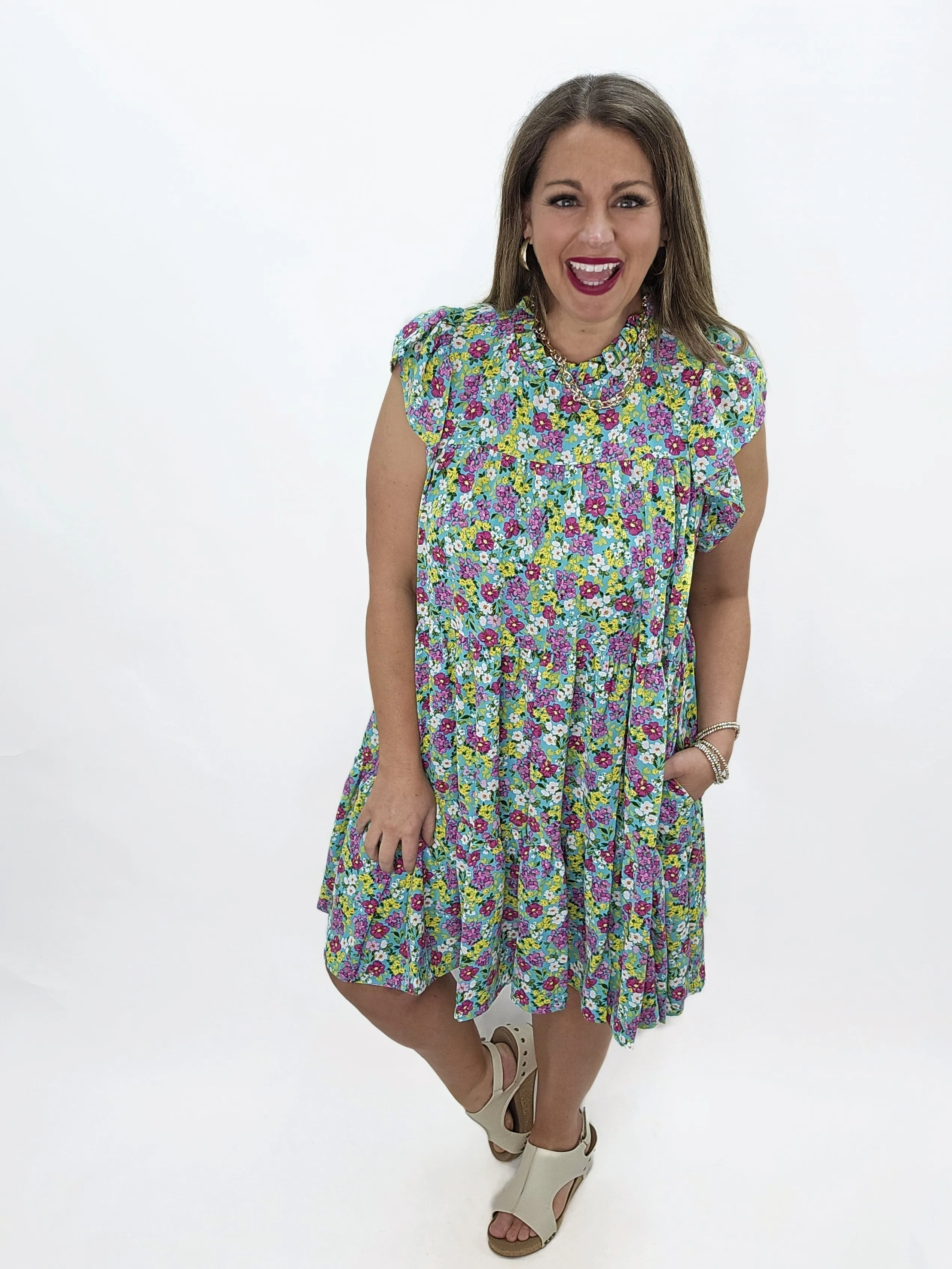 AQUA DITZY FLORAL TIERED DRESS