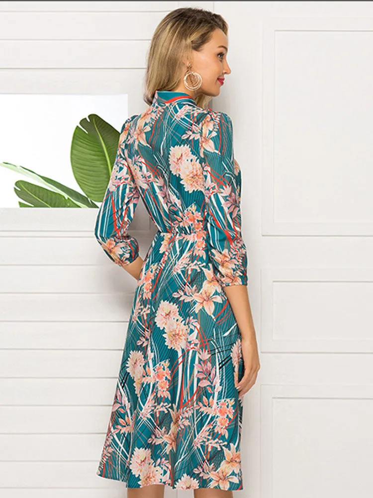 Autumn and Winter Women's Printed Bow Tie with Stand Collar Long Sleeve Dress