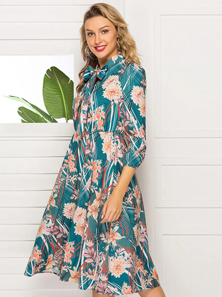 Autumn and Winter Women's Printed Bow Tie with Stand Collar Long Sleeve Dress