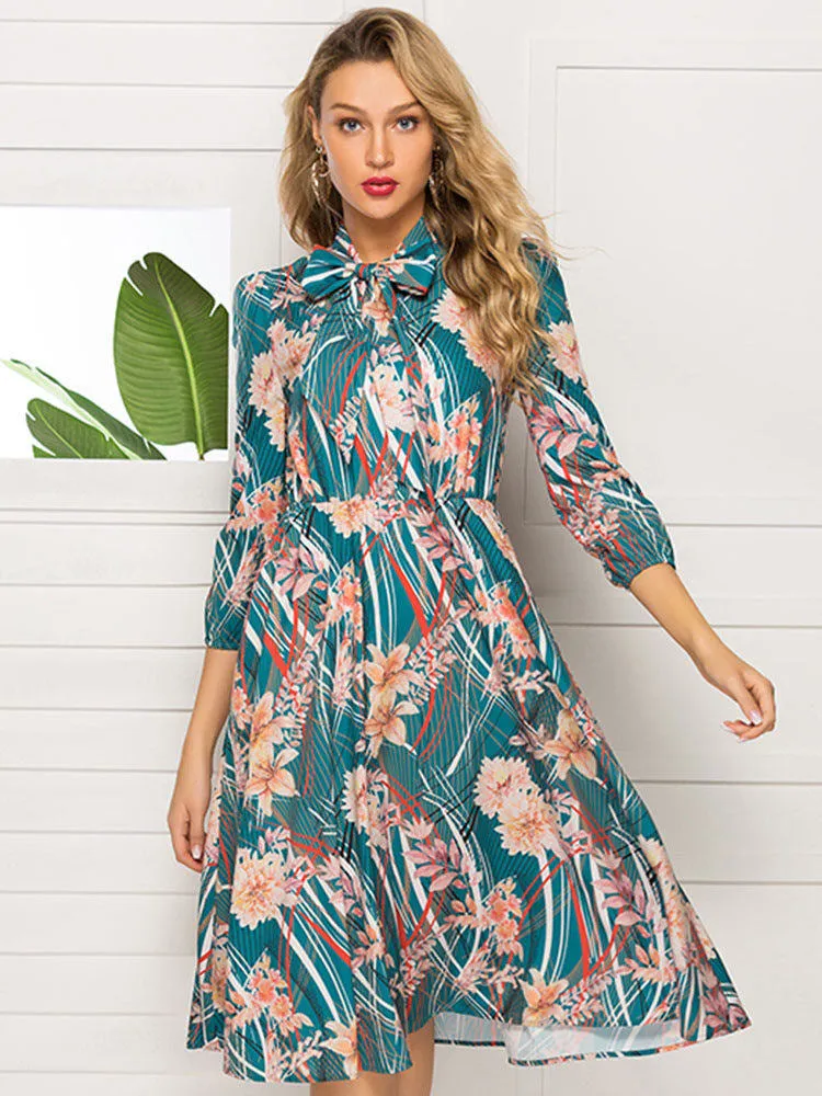 Autumn and Winter Women's Printed Bow Tie with Stand Collar Long Sleeve Dress