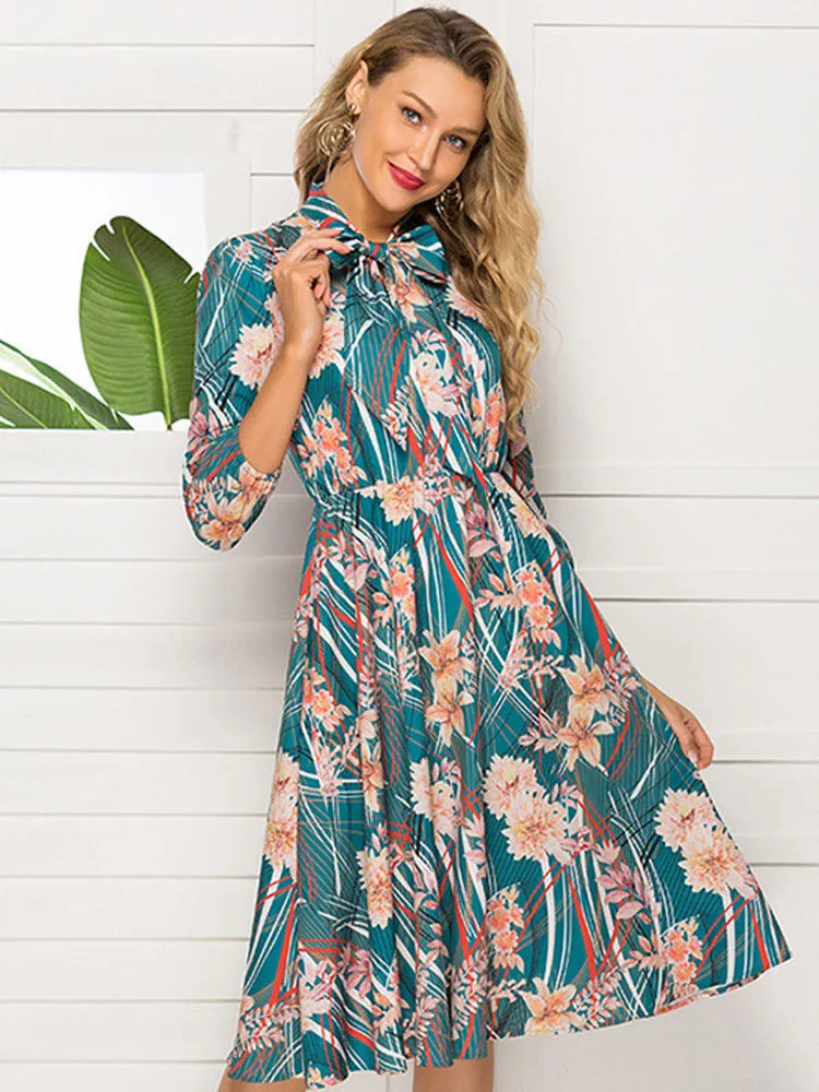 Autumn and Winter Women's Printed Bow Tie with Stand Collar Long Sleeve Dress