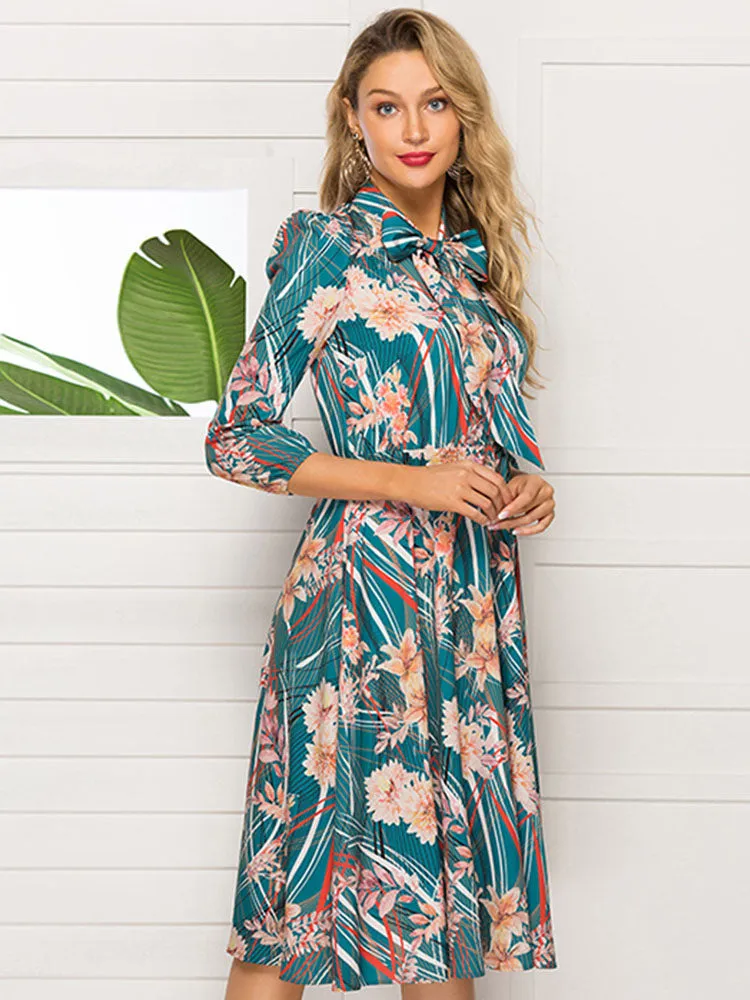 Autumn and Winter Women's Printed Bow Tie with Stand Collar Long Sleeve Dress