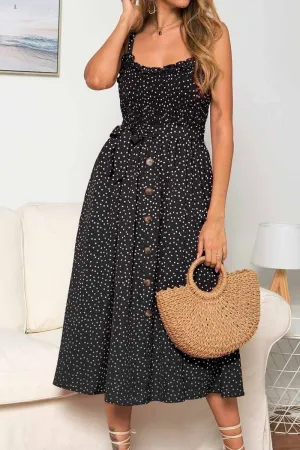 Backless Bandage Dot Design Button Midi Dress