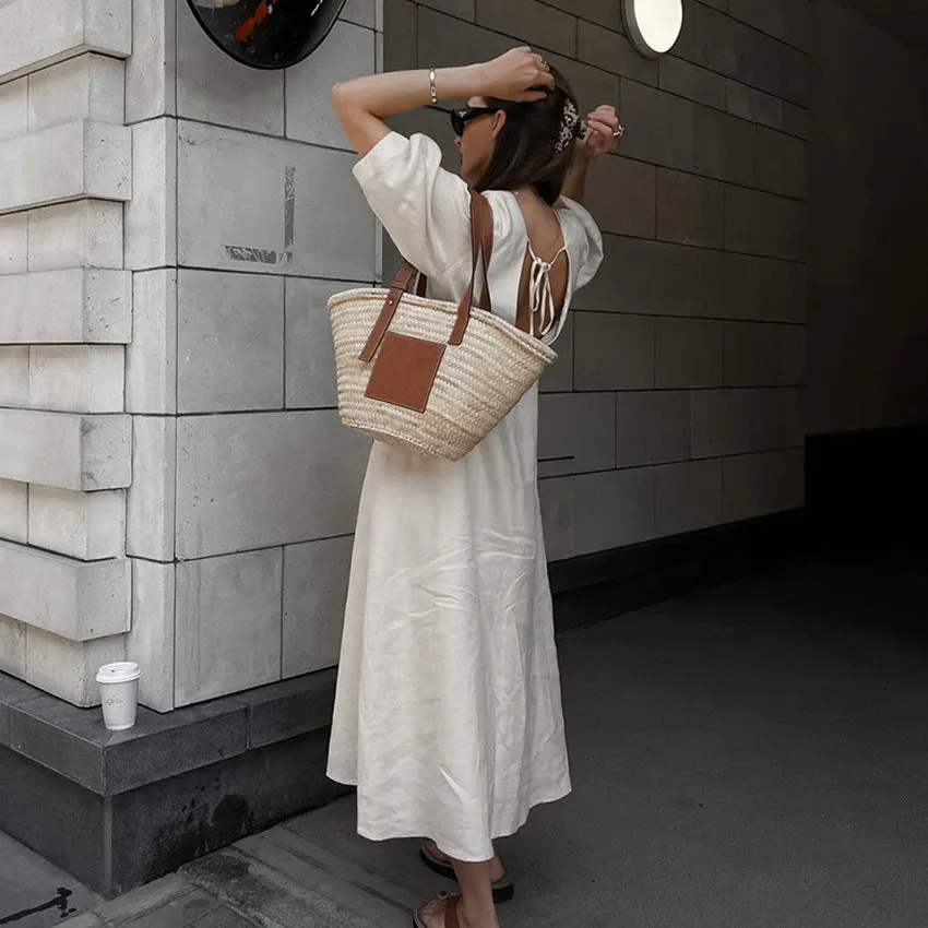 Backless Work It Bubble Sleeve Linen Midi Dresses
