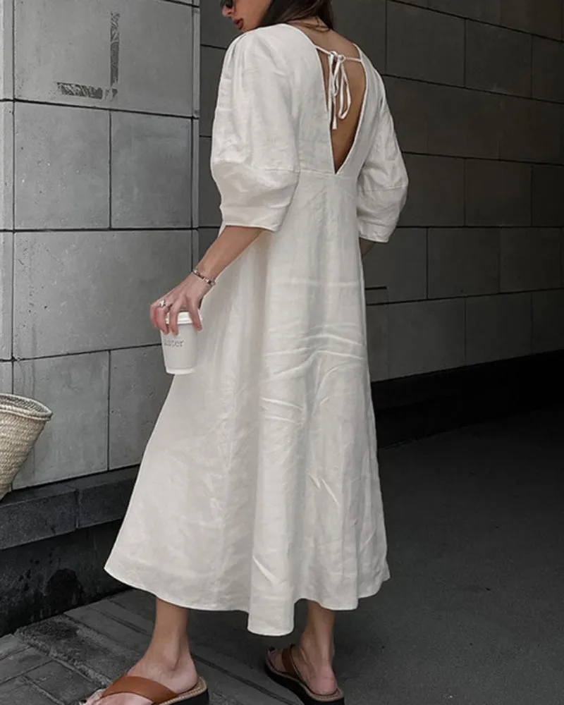 Backless Work It Bubble Sleeve Linen Midi Dresses