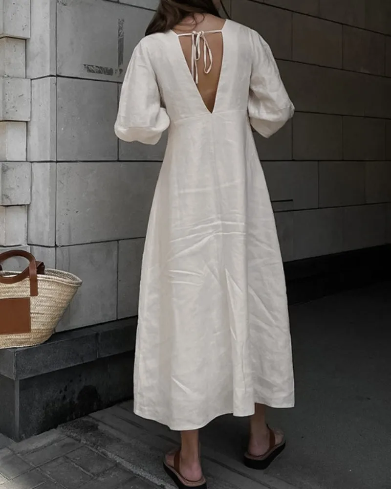 Backless Work It Bubble Sleeve Linen Midi Dresses