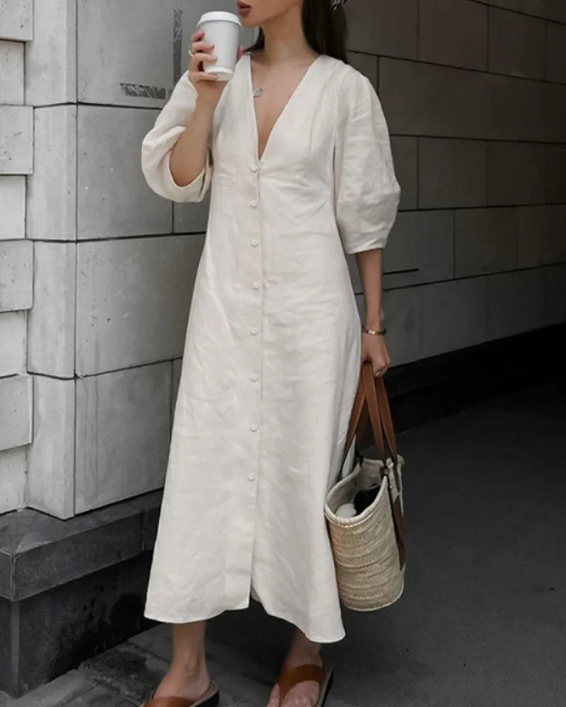 Backless Work It Bubble Sleeve Linen Midi Dresses