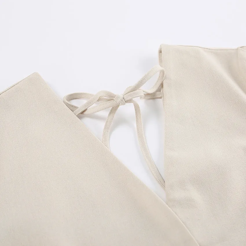 Backless Work It Bubble Sleeve Linen Midi Dresses