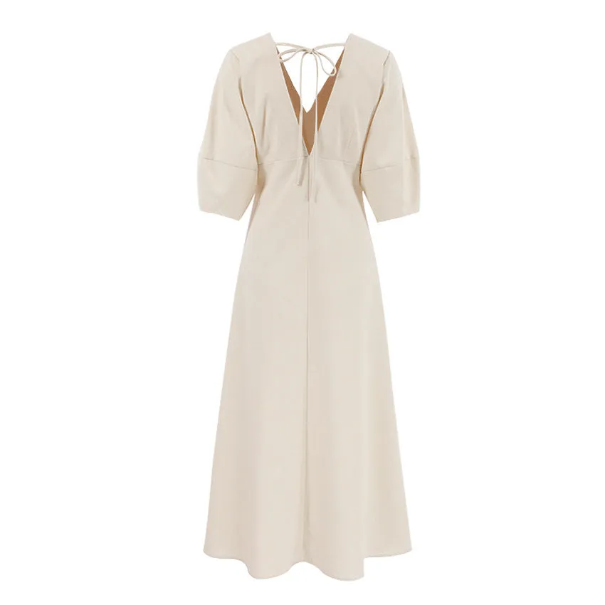 Backless Work It Bubble Sleeve Linen Midi Dresses