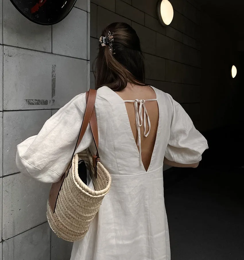 Backless Work It Bubble Sleeve Linen Midi Dresses