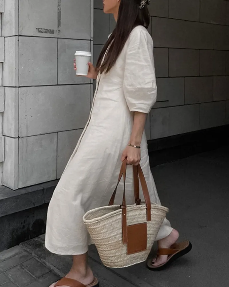 Backless Work It Bubble Sleeve Linen Midi Dresses
