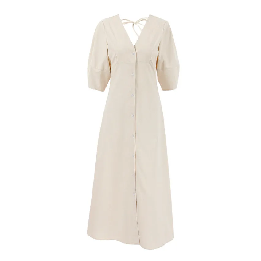 Backless Work It Bubble Sleeve Linen Midi Dresses