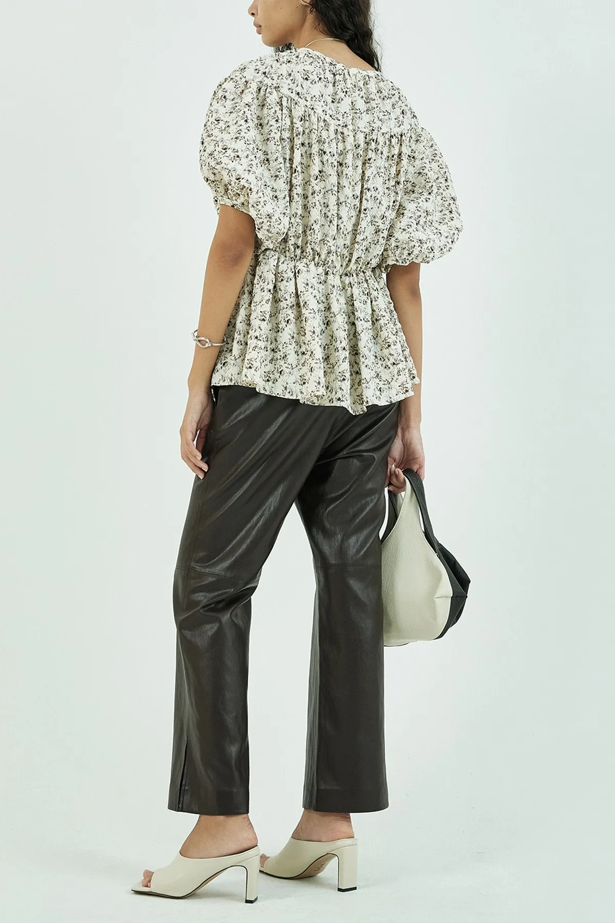 Ballon Sleeved Floral Print Cloqué Top in Cream