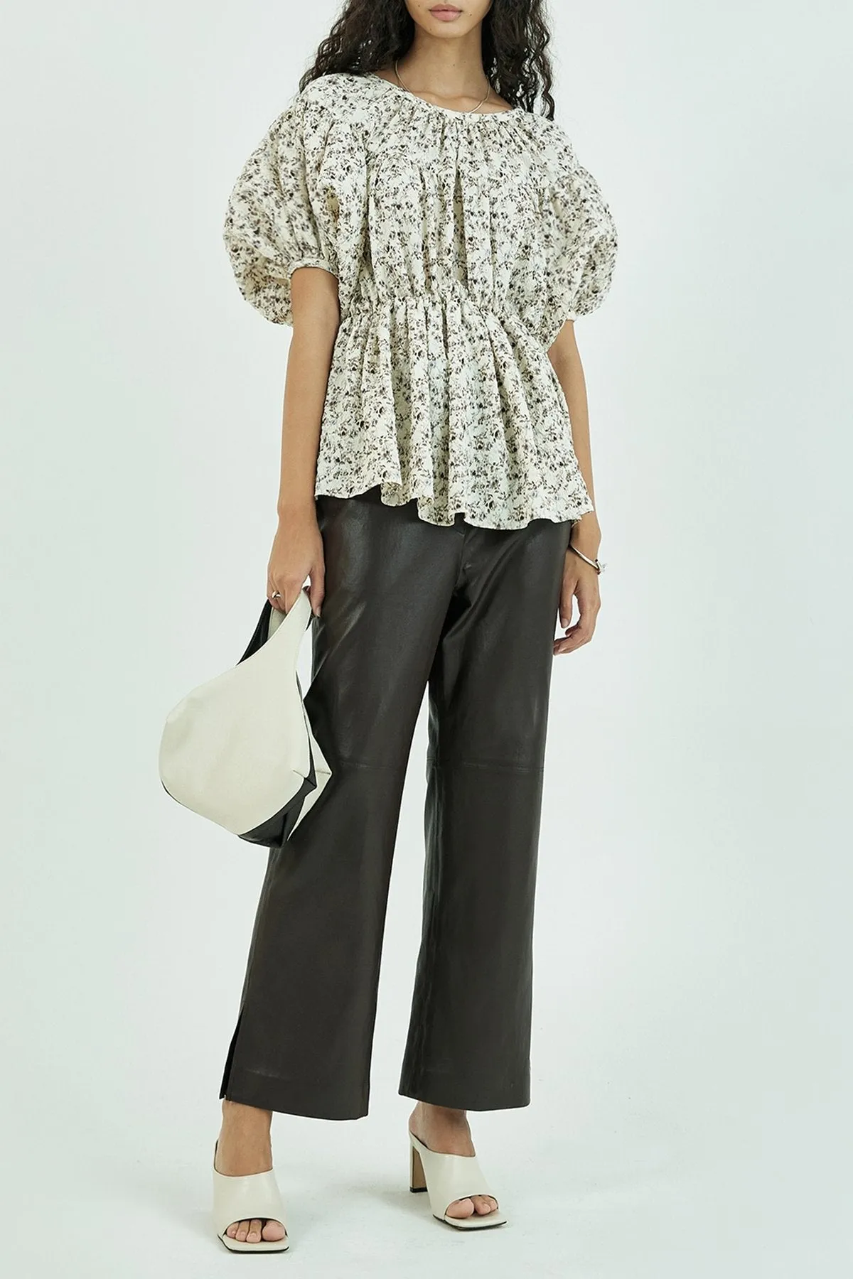 Ballon Sleeved Floral Print Cloqué Top in Cream