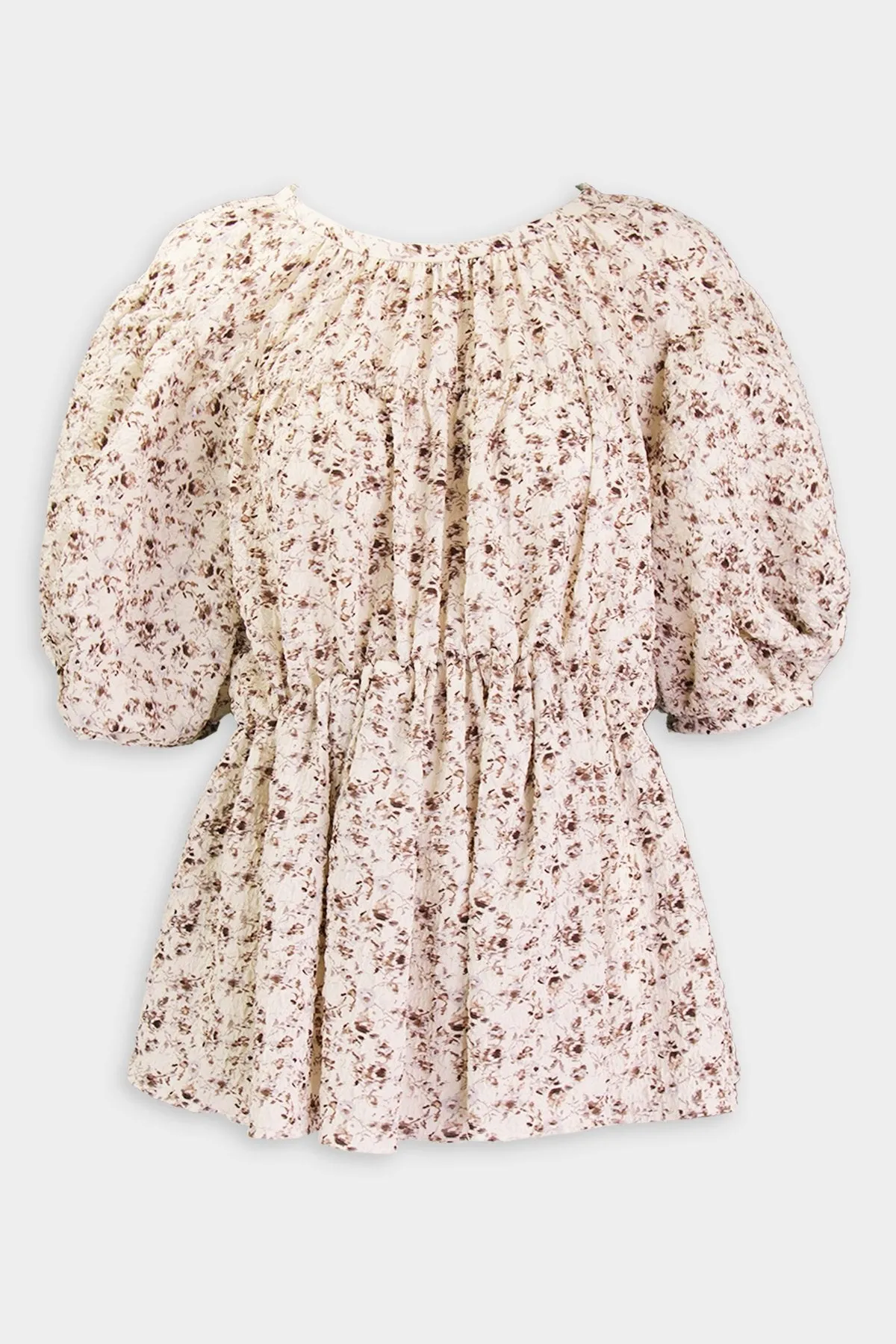Ballon Sleeved Floral Print Cloqué Top in Cream