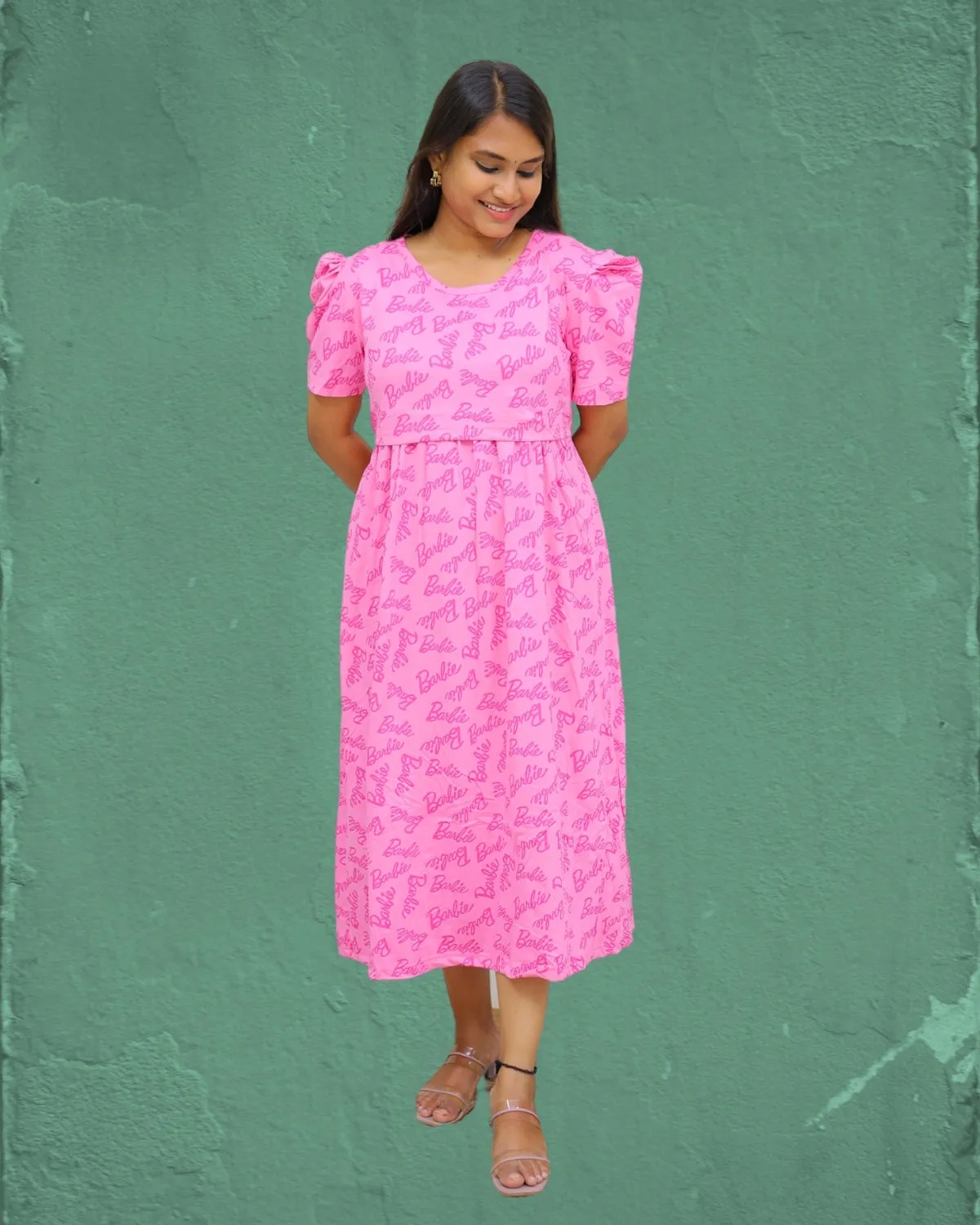 Barbie V1 | Zipless Maternity Dress - Puff Sleeves | Calf Length