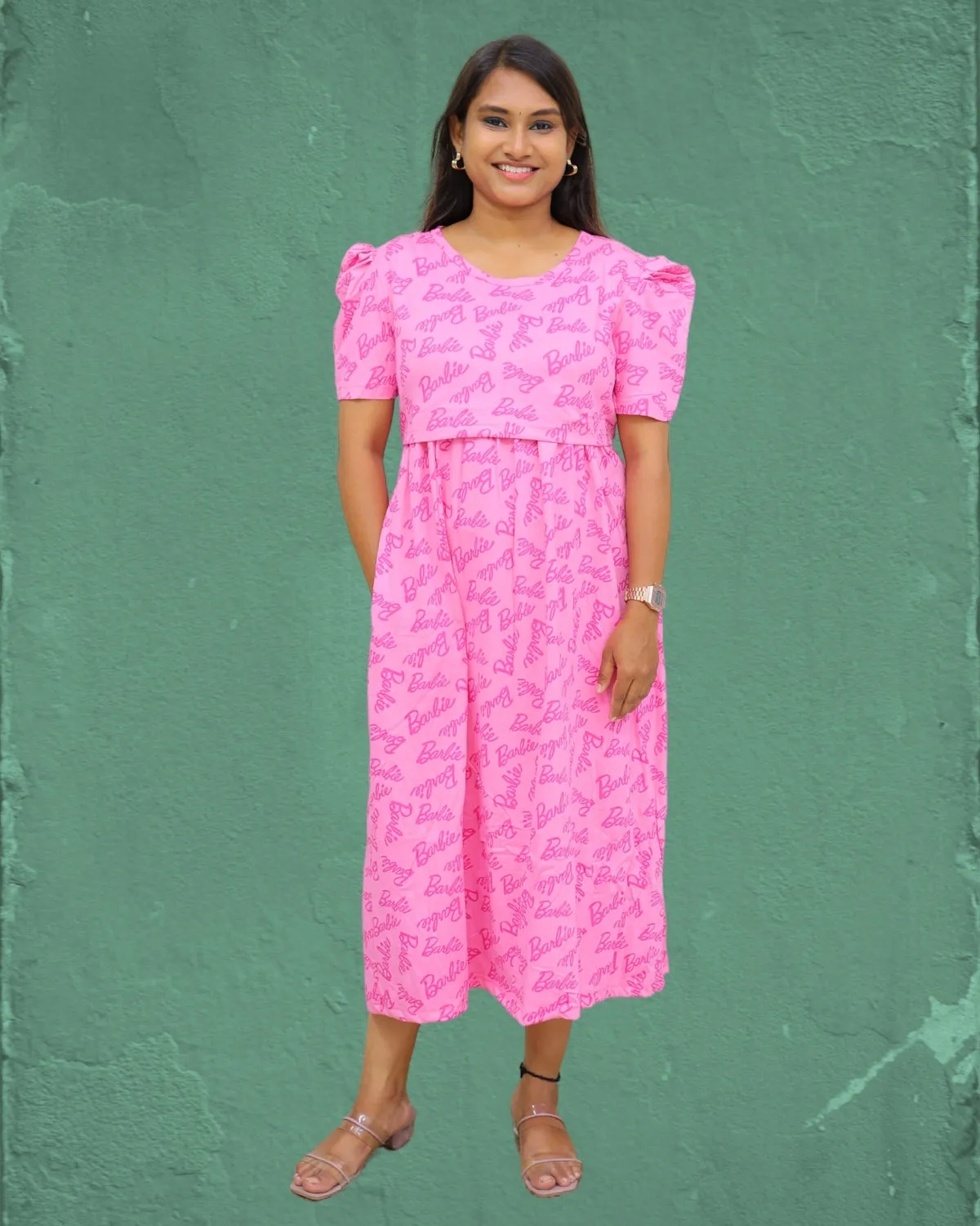 Barbie V1 | Zipless Maternity Dress - Puff Sleeves | Calf Length