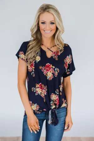 Be My Adventure Floral Criss Cross Knot Top- Navy