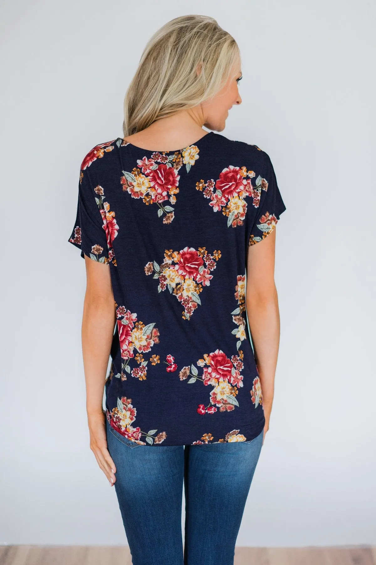 Be My Adventure Floral Criss Cross Knot Top- Navy