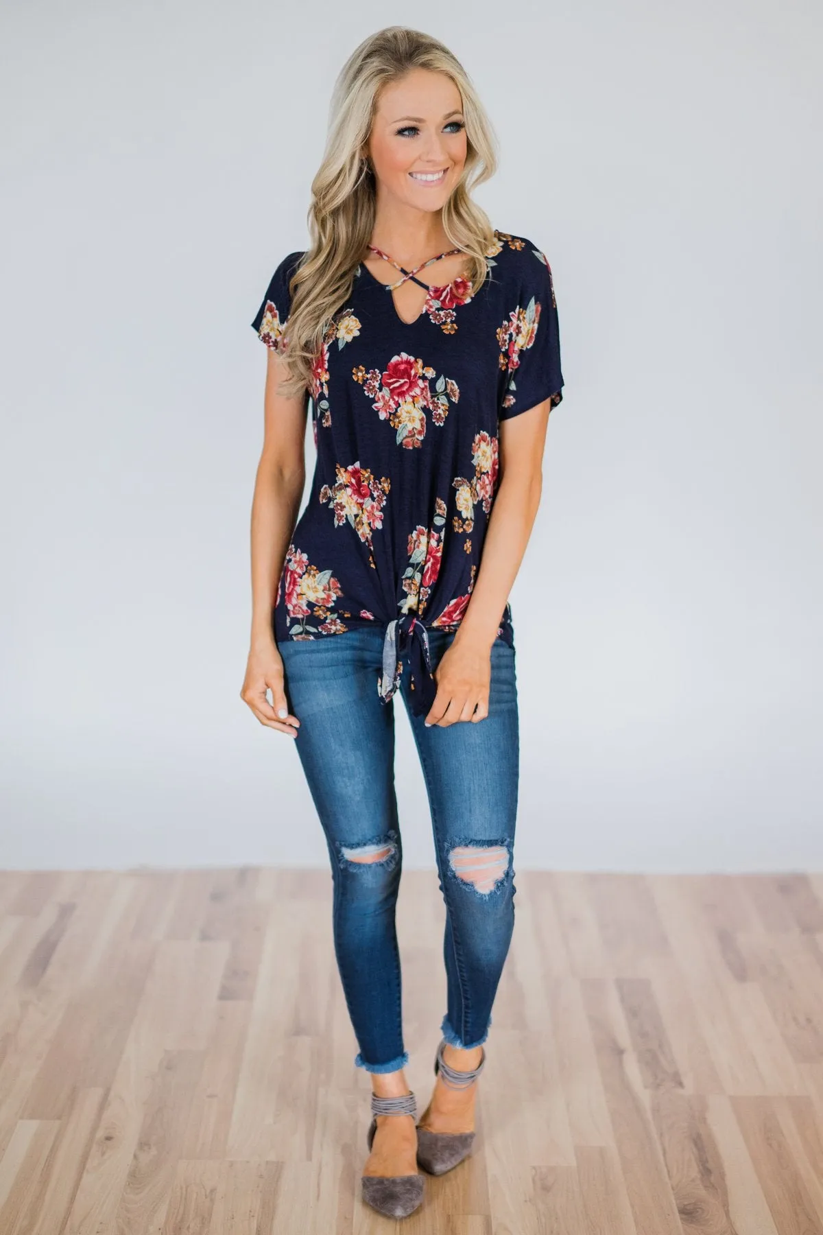 Be My Adventure Floral Criss Cross Knot Top- Navy