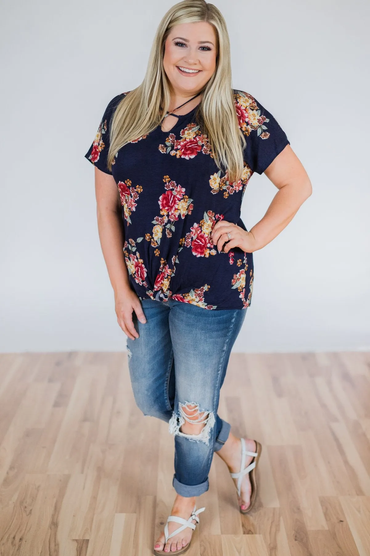 Be My Adventure Floral Criss Cross Knot Top- Navy