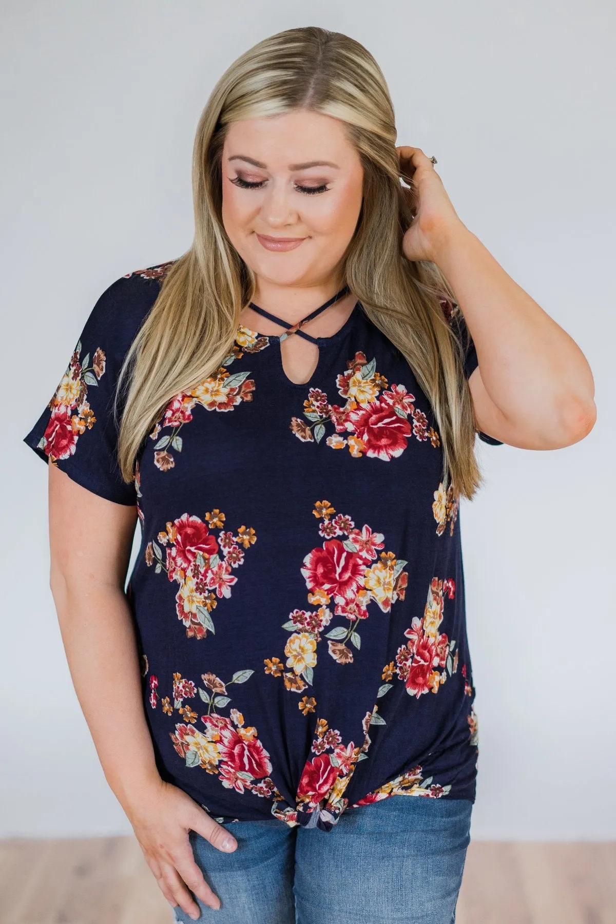 Be My Adventure Floral Criss Cross Knot Top- Navy