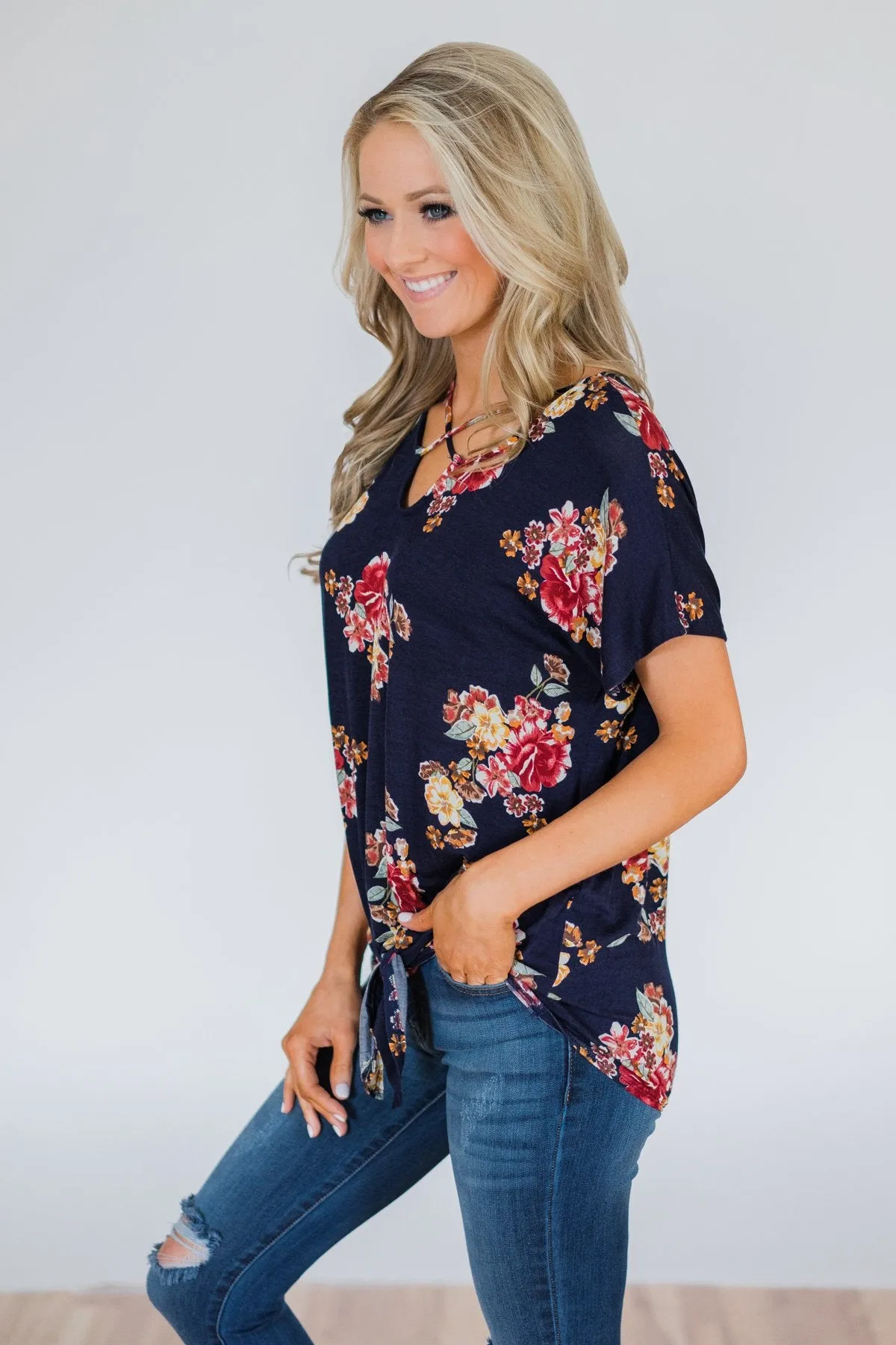 Be My Adventure Floral Criss Cross Knot Top- Navy