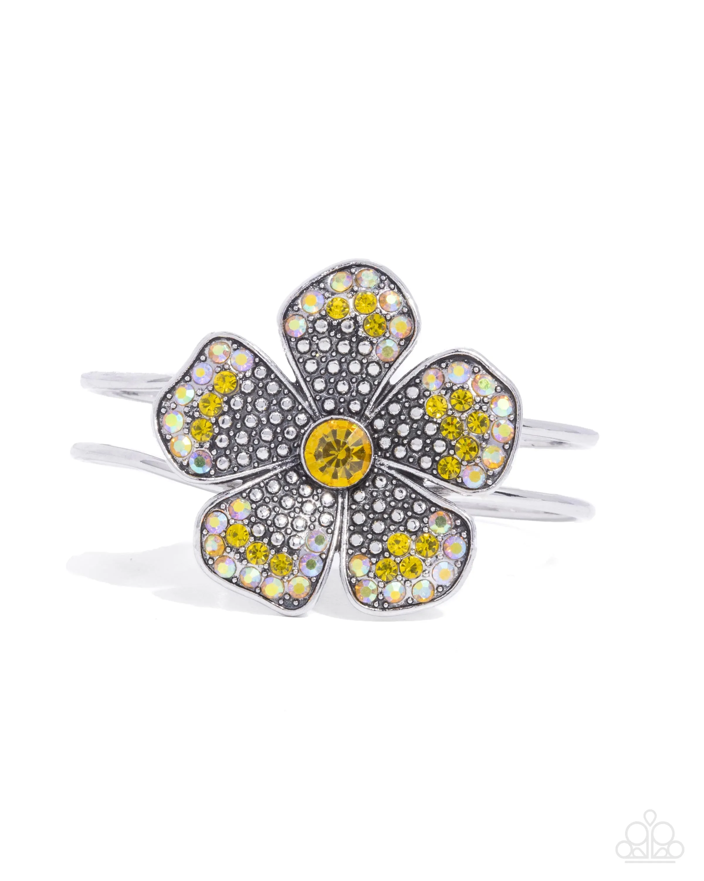 Bedazzled Bloom - Yellow - and Iridescent Rhinestone Flower Paparazzi Hinge Bracelet
