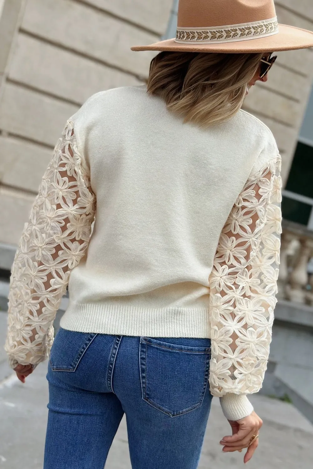 Beige 3D Floral Splicing Sleeve V Neck Sweater