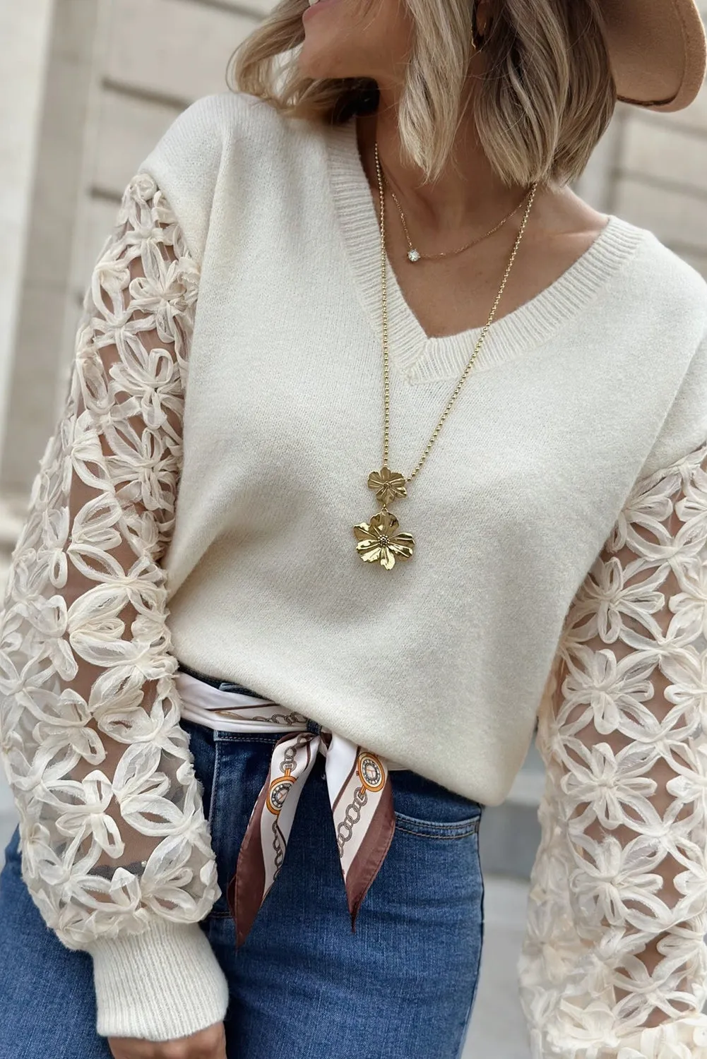 Beige 3D Floral Splicing Sleeve V Neck Sweater